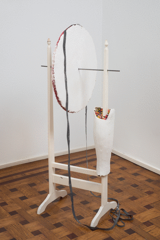 Fred Holland &quot;Organ Grinder&quot;, 2015 Wood, metal, fiberboard, rubber strip, and child's crayons 46-3/4 x 23 x 20 inches