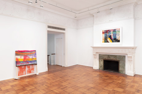 This is an installation view of an exhibition by Tomashi Jackson at Tilton Gallery titled The Great Society.