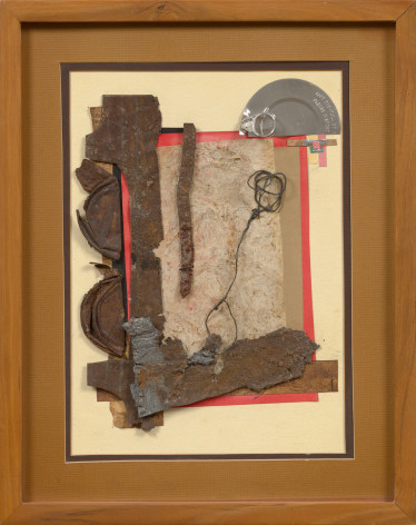 This is an image of a framed, mixed media collage made by Noah Purifoy in the late 1980s.