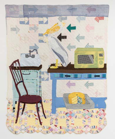 Jesse Krimes Pelican Bay, 2022 Antique quilt, used clothing collected from incarcerated people, assorted textiles 89 x 68 in.