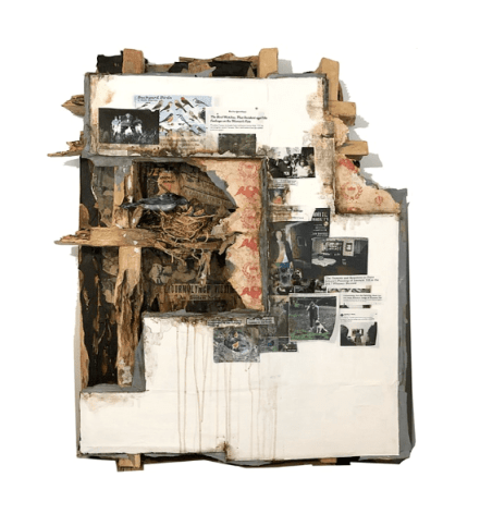 Valerie Hegarty Studio Wall Fragment with Stain and Bird's Nest (The Covid Diaries Series), 2020 Epoxy resin, acrylic paint, papier m&acirc;ch&eacute;, inkjet prints, armature wire, foamcore 46 x 36 x 5 in.