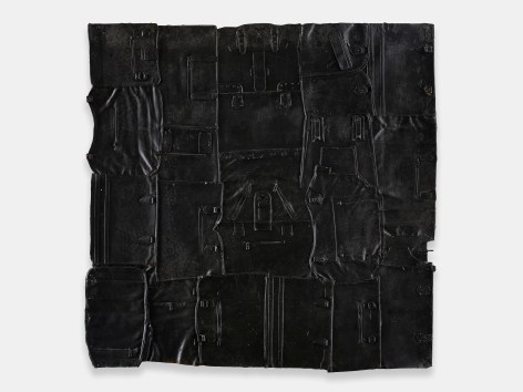 Russell Craig  Where do you want your body sent?, 2022  Acrylic on textiles and leather purse fragments  60 x 60 in.