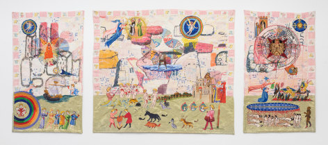Jesse Krimes The Dance of Wretched Hands, 2022 Embroidery, used upholstery from formerly incarcerated people, antique quilt, image transfer 34&frac12; x 84&frac12; in.