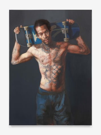 Oil on canvas, shirtless subject holding a skateboard over their shoulders