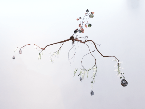 Root, artificial plants, transparency film, digital print ceiling sculpture