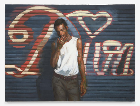 Oil on canvas, subject in front of store front gate