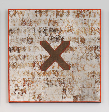 Jared Owens Series 111 #5, 2022 Mixed media on panel, soil from prison yard at F.C.I. Fairton, lino printing 48 x 48 in.