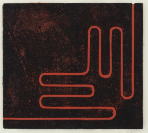 Donald Judd's Untitled (Print H), from 1961-1978 - a woodcut in black with cadmium red oil on the reverse on frostlite vellum paper. Framed: 26 x 27 x 1 1/4  in. (66 x 68.6 x 3.1 cm)  Edition 10 of 25  Printed by Roy C. Judd, Published by Galerie Heiner Friedrich, Munich