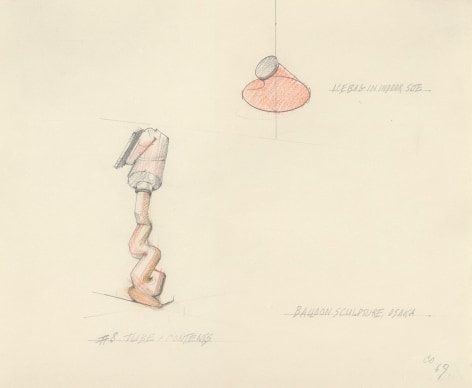 Proposal for a Giant Balloon in the Form of a Tube and its Contents &ndash; Shown in Relation to the Giant Ice Bag, 1969-70, graphite and color pencil on paper, frame: 14 7/8 x 16 1/4 in. (37.8 x 41.3 cm).
