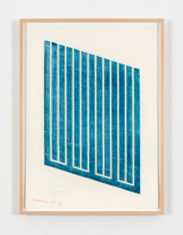 Donald Judd's Untitled (13-R), a woodcut in manganese blue on cartridge paper from 1961-1969. Framed it measures 33 x 24 in. (83.8 x 61 cm)