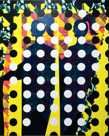 Acrylic on canvas painting of two female figures with ponytails under a pattern of dots by Alex Heilbron