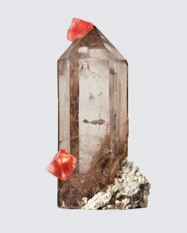 pink fluorite on smoky quartz on white background