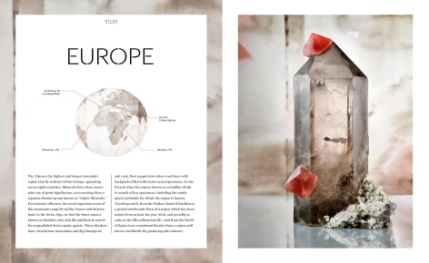 Europe Info page Pink Fluorite on smoky quartz on watercolor background, map of europe displaying locality of specimens