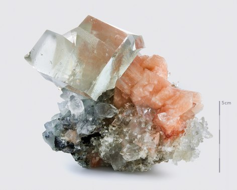 Fine Mineral photograph of Calcite on Stilbite &amp; Apophyllite on white background from Wilensky Exquisite Minerals