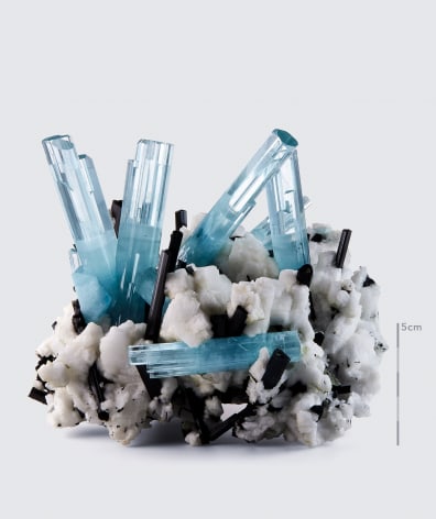 Fine Mineral photograph of Aquamarine on white for Wilensky Exquisite Minerals habits exhibition.