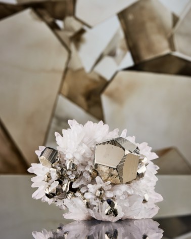 Pyrite on Quartz on watercolor background