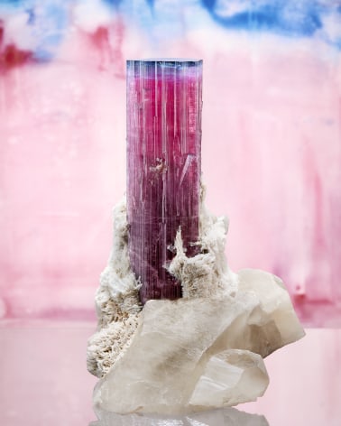 Blue Cap Tourmaline on Quartz with Cleavelandite on watercolor background