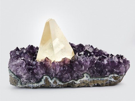 Illumination, Calcite on Amethyst with Chalcopyrite on white, Artigas, Artigas Department, Uruguay 16 cm tall x 26.8 cm wide