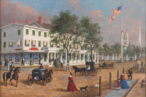 John Evers, Jr. (1794&ndash;1884), &quot;Northeast Corner, Front Street, Hempstead, New York,&quot; 1870. Oil on canvas, 12 x 17 in.