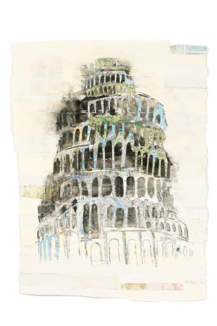 Earth Tower antique papers and maps, graphite, watercolor on paper