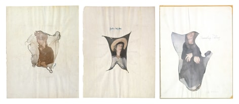 A triptych of David Croland, Patti Smith, and Sandy Daley. The photographic print of each person is distorted against their white paper backgrounds.