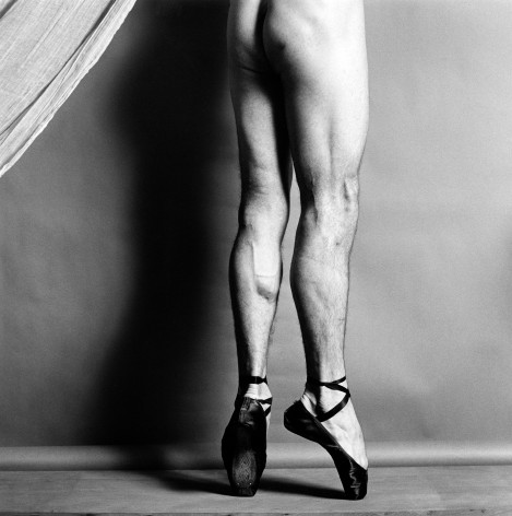 Nude dancer from the waist down except for pointe shoes, facing away from camera.