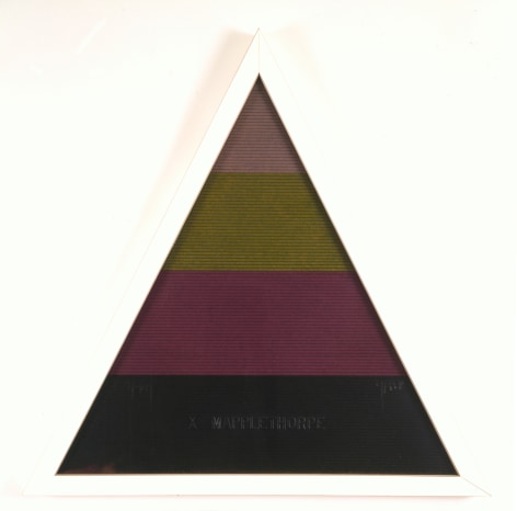 A white triangular frame with four striated bands colored mauve, green, purple, and black inside.