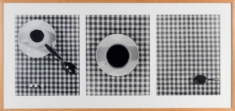 Three images of a coffee cup, saucer and spoon on a checkered tablecloth.