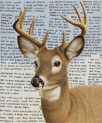 Painting of dear with antlers against blue sky with clouds. In background, painted over the sky is text painted in black.