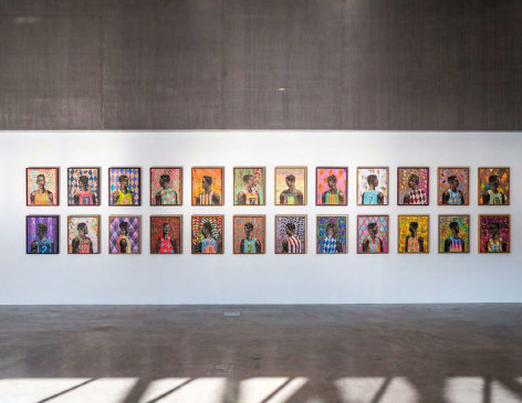 Installation view, Derek Fordjour, SHELTER, Contemporary Arts Museum, St. Louis, MO, January 17 &ndash; August 23, 2020