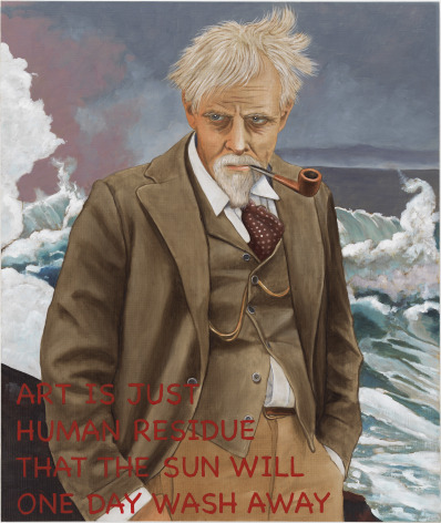 Portrait of a man in front of an angry looking ocean. Waves splash in the background. The man is wearing a suit and looks a  little disheveled as the wind is blowing through his hair. he has a pipe in his mouth. In the lower left hand corner, painted in red is text that reads, &quot;Art is just human residue that the sun will one day wash away&quot;