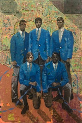 Two More Years, 2018, Acrylic, charcoal, oil pastel and&nbsp;foil&nbsp;on newspaper mounted on canvas