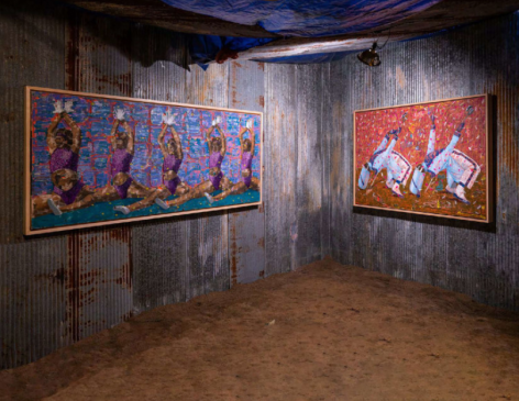 Installation view, Derek Fordjour, SHELTER, Contemporary Arts Museum, St. Louis, MO, January 17 &ndash; August 23, 2020
