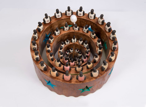 Huddle, 2014 Wood, 56 terra cotta figures, glass, acrylic and vinyl paint