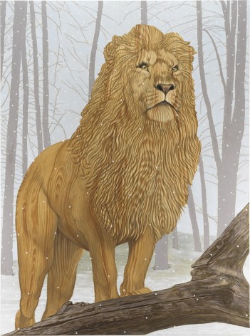 A lion standing in the forest with a fallen tree branch in front of it. Instead of fur, the lion is painted in a wood grain.