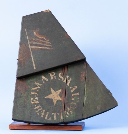 Ebony Framed Octant with Engraved Radius arm with two peep sites, The Instrument retains its original green painted wood step down painted Box with the label of Aaron Breed of Boston. &quot;EJ Marsh Balitimo.&quot; is hand painted in a circle with a painted five pointed star at its center. There is a hand painted American Flag at the top section of the box.