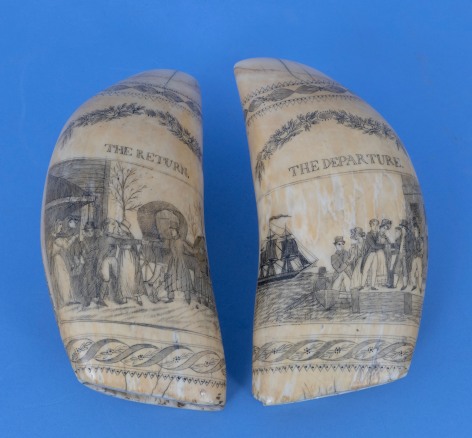 Bank Note Engraver, &quot;The Departure and the &quot;Return&quot; Outstanding Pair of Scrimshaw Teeth Attributed to the Bank Note Engraver Artist, American Mid-19th Century