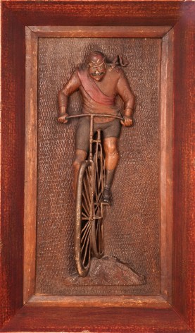 Carved and Polychrome Paint-Decorated Walnut &quot;Racing Bicyclist&quot; Wall Plaque