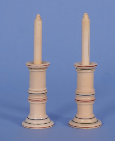 PAIR OF WHALE IVORY CANDLESTICK-FORM PICK WICKS with Polychrome Scribe Lines