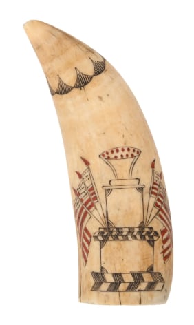 Scrimshaw Whale Tooth with three tier monument with six American flags with inlaid sealing wax, circa 1845