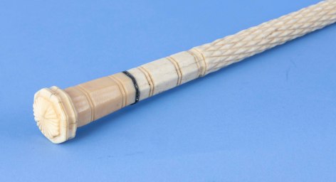 Scrimshaw Cane with whale ivory grip and bold carved whale bone shaft with diamond and rope pattern, mid-19th century