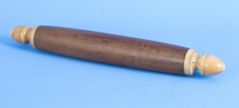 Scrimshaw Rolling Pin with Turned Acorn shaped Whale Ivory Handles with Tropical wood center, American mid 19th Century.