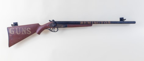 Carved and Painted Trade sign Featuring a Highly Realistic Double Barrel Shot Gun Titled in Shawdowed Letters &quot;REMINGTON GUNS&quot;