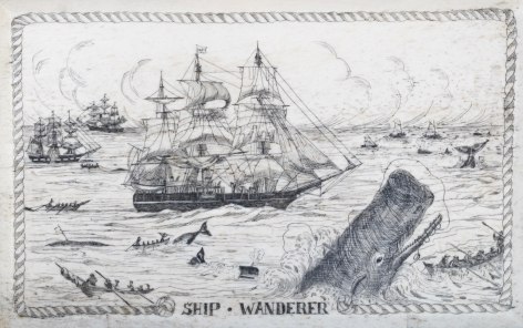 Rare Pan Bone Plaque depicting a whaling scene and signed with &quot;WP&quot; initials hidden in the work, American circa 1945.