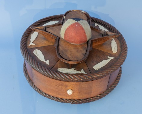 Whalebone Decorated Sailor Made Box with Pin Cushion with Inlaid Circle of Eight Wedges  on Top, American signed and dated 1851