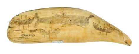 WHIMSICAL SCRIMSHAW WHALE'S TOOTH with Whaling Scenes, Second Quarter of the 19th Century