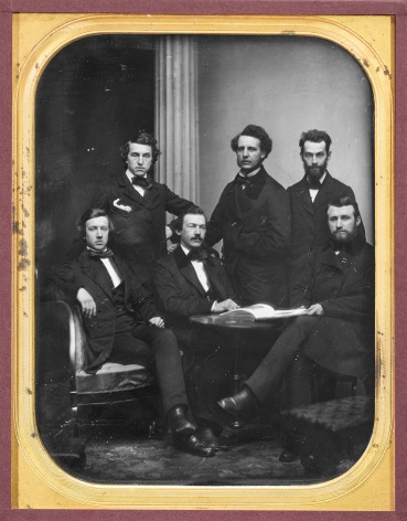 Uncased Full Plate Daguerretype of Six Men Posed Around Illustrated Book by Southworth &amp; Hawes, American circa 1850