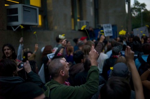 OWS Hold Demonstration: Occupy Wall Street demonstrators gathered in&nbsp;Foley Square near the jail known as the Tombs in Lower Manhattan demanding the release of demonstrators who had been recently arrested while marching on the Brooklyn Bridge,&nbsp;Oct. 2011.