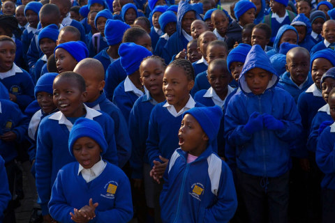 July 18th is Nelson Mandela Day Worldwide: The entire student body at Holy Cross Anglican school joined in singing the Happy Birthday song to Nelson Mandela, who turned 95 years old today, Soweto Township, South Africa, July 18, 2013.