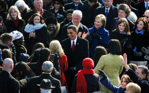 31. Barack Obama is greeted by Jill Biden, former&nbsp;presidents, members of the senate and the congress as the ceremony gets underway in which Mr. Obama is inaugurated as the 44th President of the United States and the first African American to hold the office, 2009.